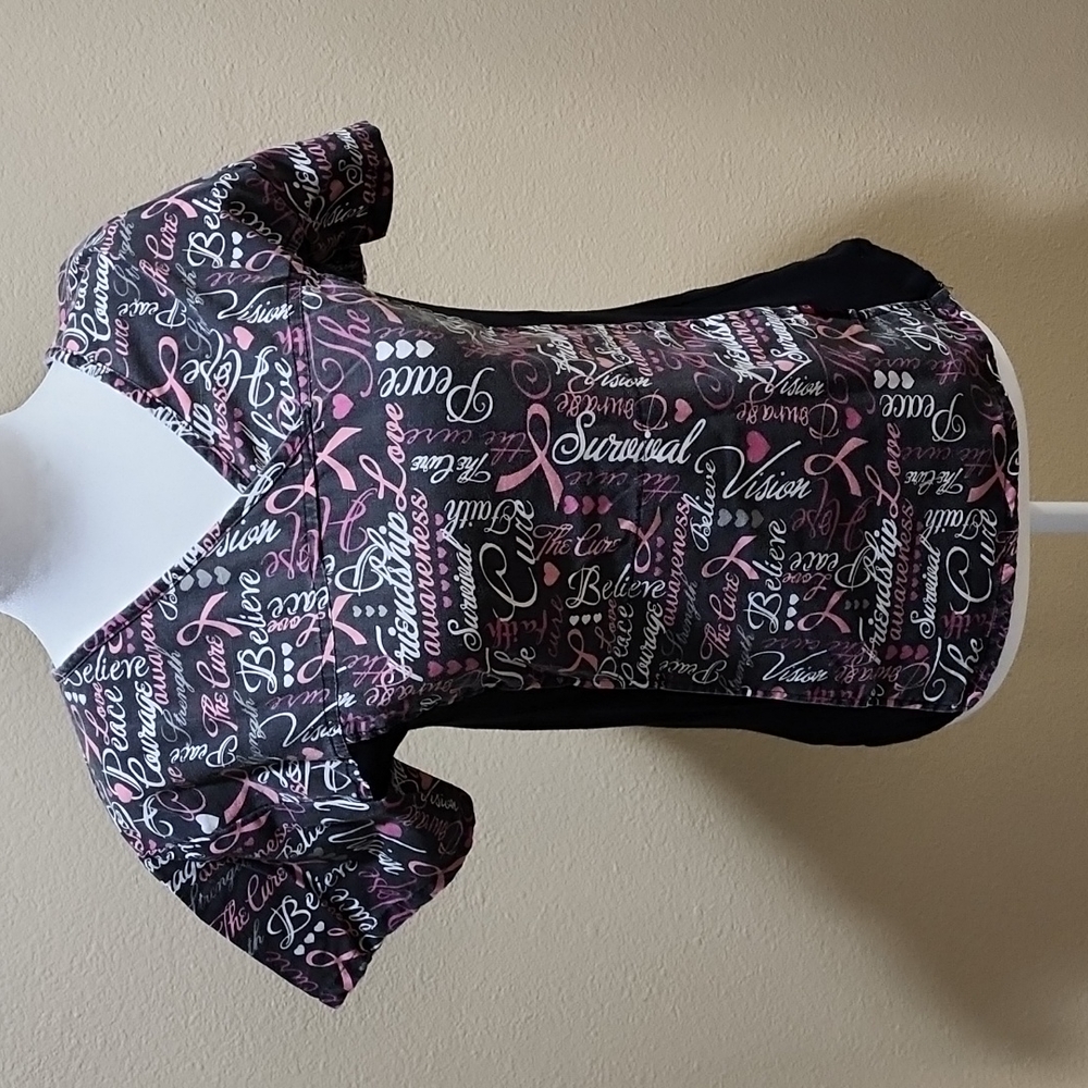 Actual Breast Cancer Awareness Black/Pink Scrub Top, Size Small